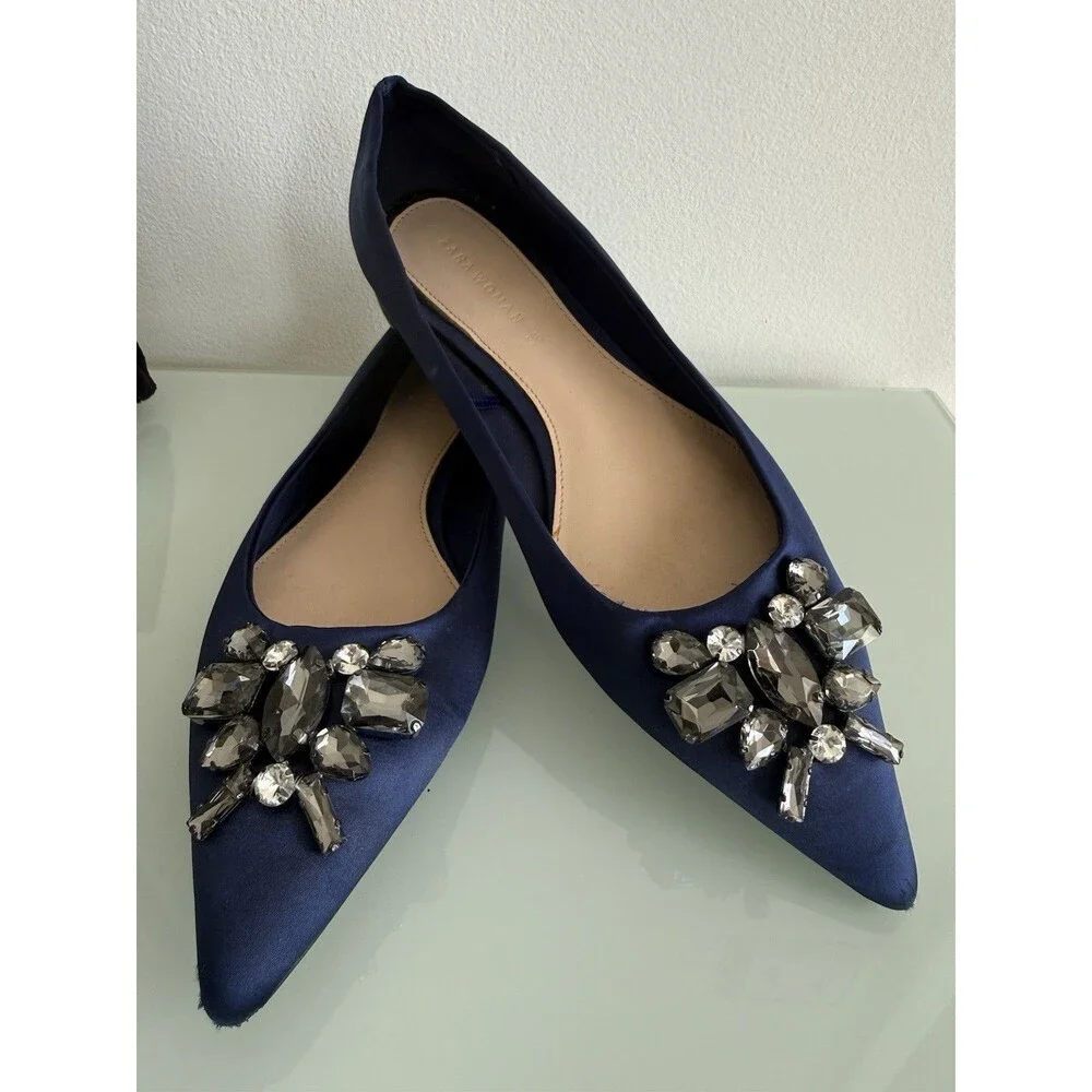 ✿ ZARA WOMAN Navy Satin Flats Pointed Toe Crystal Embellished EU 36 US 6